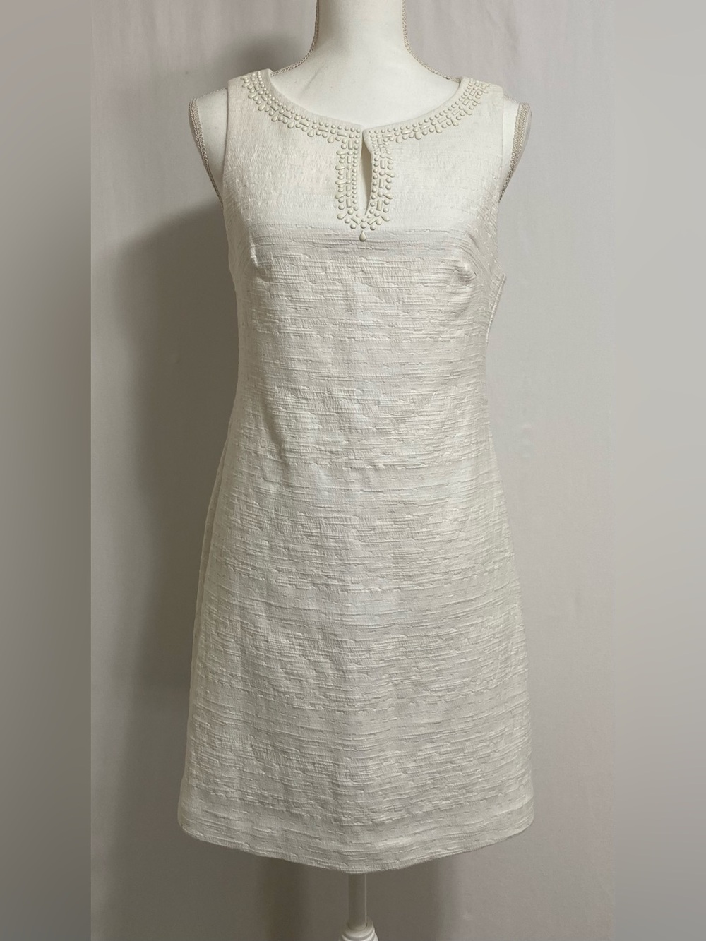 Trina Turk Ivory Textured Sleeveless Mini Dress with Beaded Neckline